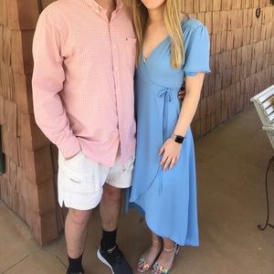 Blue high low wrap dress.